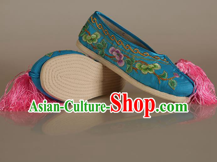 Asian Chinese Beijing Opera Shoes Blue Satin Embroidered Shoes Traditional Peking Opera Diva Shoes