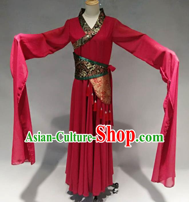 Traditional Chinese Classical Dance Costume Ancient Peri Red Water Sleeve Dress for Women