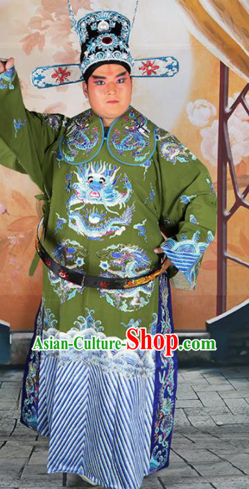 Chinese Traditional Beijing Opera Green Embroidered Robe Peking Opera Minister Costume