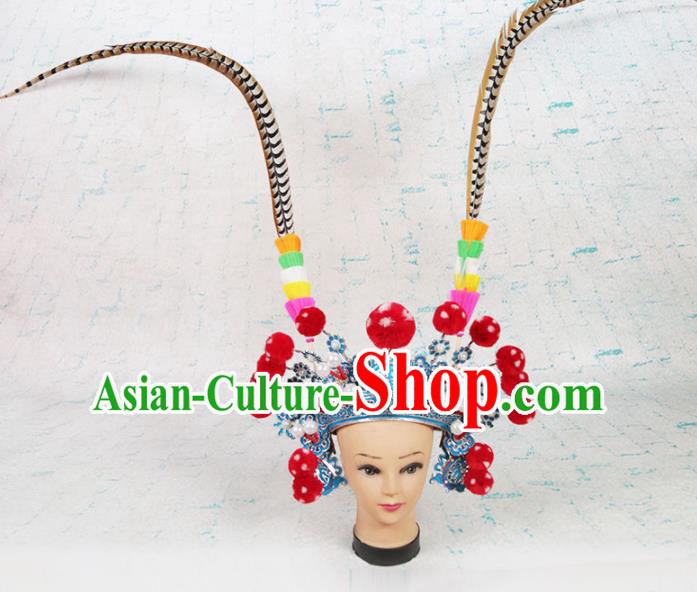 Asian Chinese Beijing Opera Martial Women Headwear Traditional Peking Opera Feather Hat