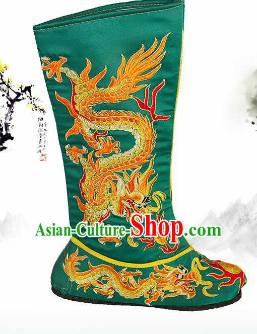 Asian Chinese Beijing Opera Shoes Emperor Green Embroidered Boots Traditional Peking Opera Shoes