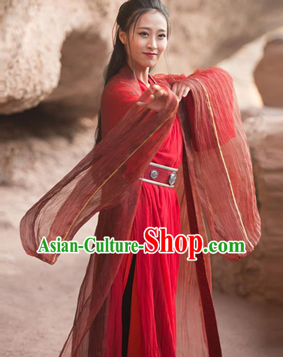 Traditional Chinese Jin Dynasty Swordswoman Red Hanfu Dress Ancient Wedding Historical Costume for Women