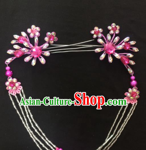 Asian Chinese Beijing Opera Hair Accessories Rosy Rhinestone Hairpins Tassel Step Shake for Women