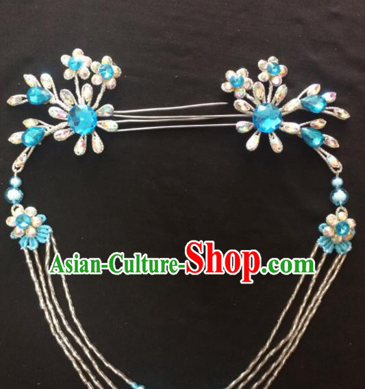 Asian Chinese Beijing Opera Hair Accessories Blue Rhinestone Hairpins Tassel Step Shake for Women