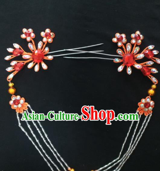 Asian Chinese Beijing Opera Hair Accessories Red Rhinestone Hairpins Tassel Step Shake for Women