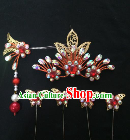 Asian Chinese Beijing Opera Hair Accessories Red Rhinestone Phoenix Hairpins Complete Set for Women