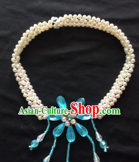 Asian Chinese Beijing Opera Jewelry Accessories Blue Crystal Flower Necklace for Women