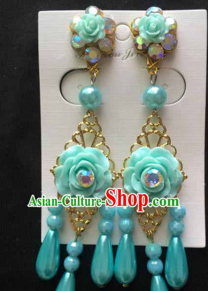 Asian Chinese Beijing Opera Jewelry Accessories Blue Rose Earrings for Women