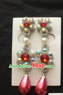 Asian Chinese Beijing Opera Jewelry Accessories Rosy Rhinestone Earrings for Women