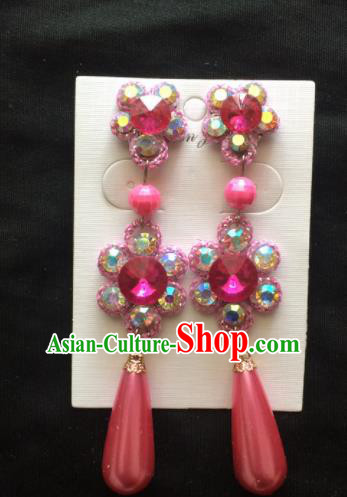 Asian Chinese Beijing Opera Jewelry Accessories Pink Rhinestone Earrings for Women