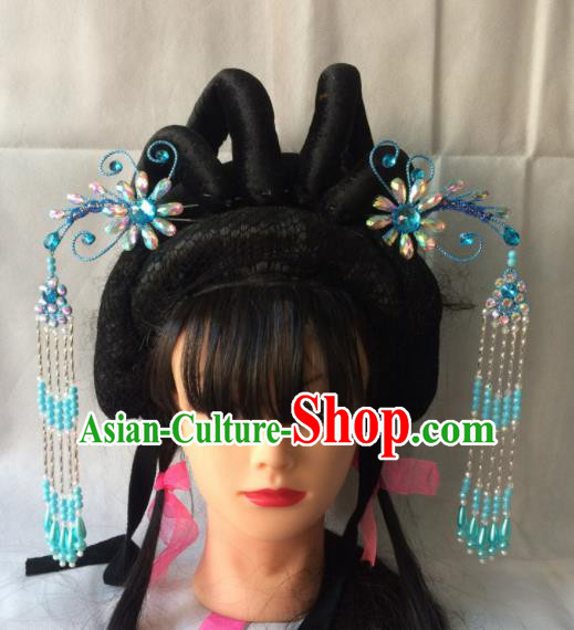 Asian Chinese Beijing Opera Hair Accessories Blue Tassel Step Shake Hairpins for Women