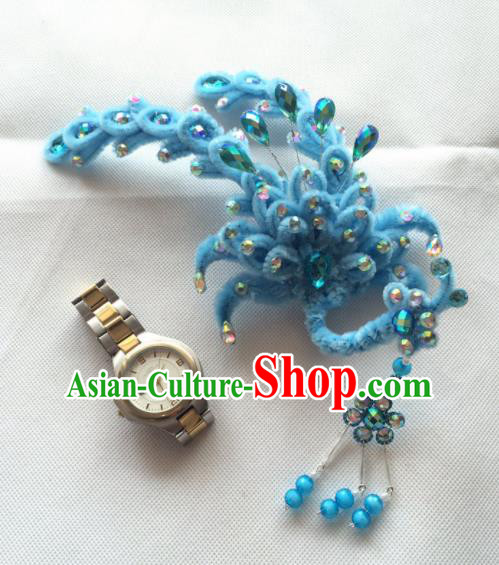 Asian Chinese Beijing Opera Hair Accessories Blue Phoenix Hair Clip Ancient Princess Hairpins for Women