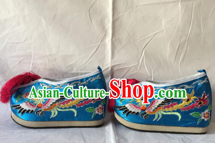 Asian Chinese Beijing Opera Shoes Ancient Princess Shoes Blue Embroidered Shoes for Women