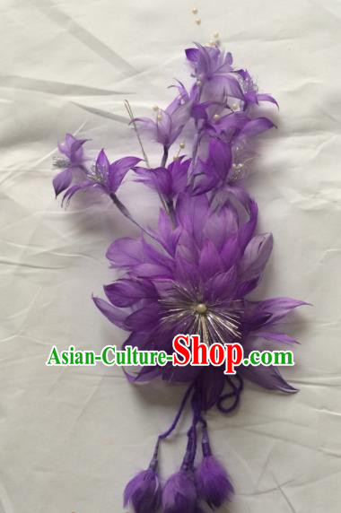 Asian Chinese Beijing Opera Hair Accessories Ancient Princess Purple Feather Hairpins for Women