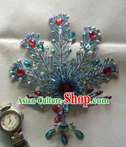 Asian Chinese Beijing Opera Actress Hair Accessories Ancient Princess Blue Phoenix Hairpins for Women