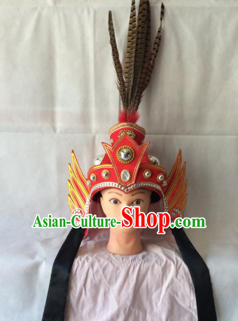 Asian Chinese Beijing Opera Takefu Headwear Ancient General Red Helmet Hat for Men