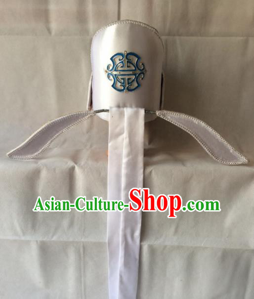 Asian Chinese Beijing Opera Niche Headwear Ancient Gifted Scholar White Hat for Men