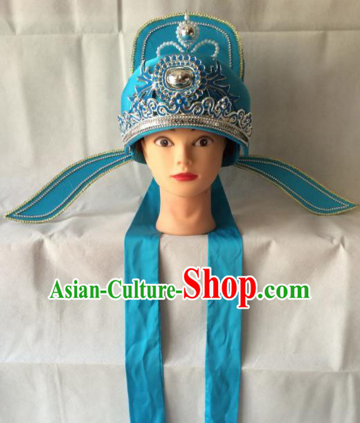 Asian Chinese Beijing Opera Niche Headwear Ancient Number One Scholar Blue Hat for Men