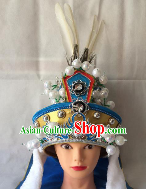 Asian Chinese Beijing Opera Prince Golden Helmet Headwear Ancient General Hat for Men