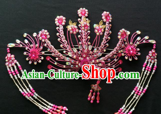 Asian Chinese Beijing Opera Hair Accessories Ancient Queen Pink Phoenix Hairpins for Women