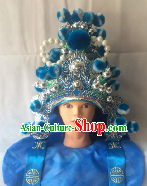 Asian Chinese Traditional Beijing Opera Headwear Ancient General Blue Helmet for Men