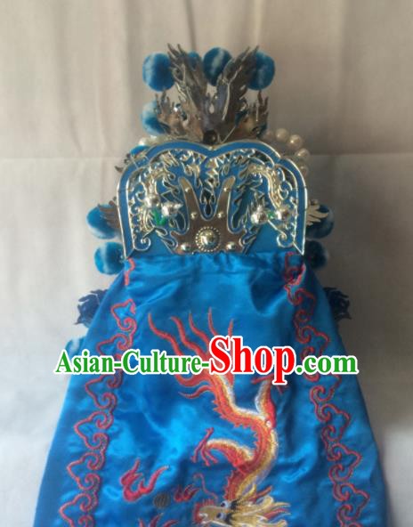 Asian Chinese Traditional Beijing Opera Headwear Ancient General Blue Helmet for Men
