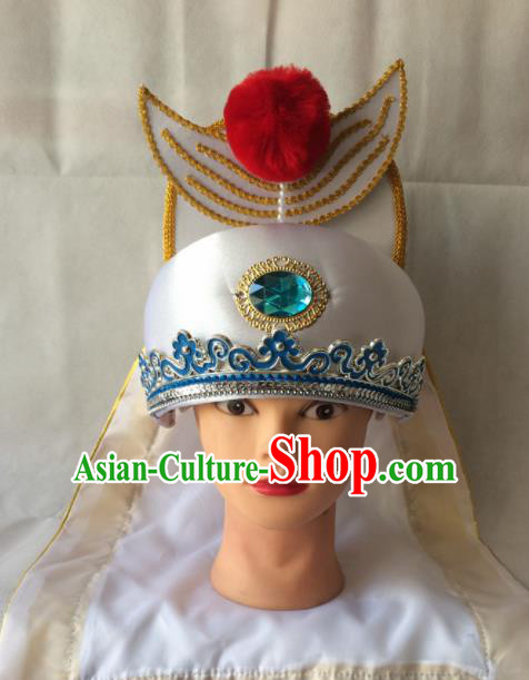 Asian Chinese Traditional Beijing Opera Headwear Ancient Crown Prince White Hat for Men