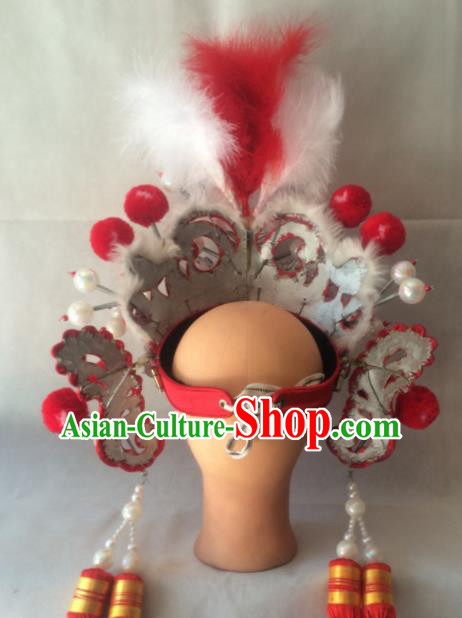 Asian Chinese Beijing Opera Hair Accessories Ancient General Red Helmet Hat for Women
