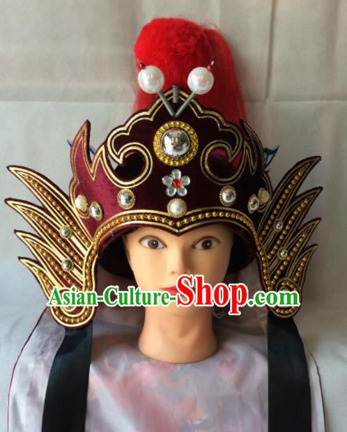 Asian Chinese Traditional Beijing Opera Headwear Ancient General Wine Red Helmet for Men