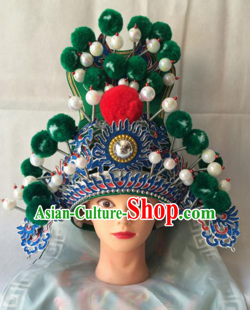 Asian Chinese Traditional Beijing Opera Headwear Ancient General Green Helmet for Men