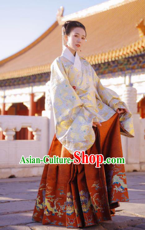 Traditional Chinese Ming Dynasty Imperial Consort Historical Costume Ancient Brocade Blouse and Horse Face Skirt Complete Set