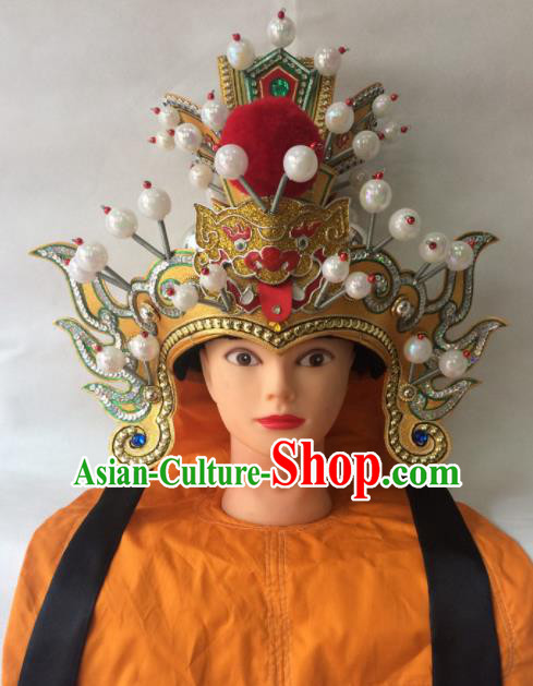 Asian Chinese Traditional Beijing Opera Royal Highness Headwear Ancient General Golden Helmet Hat for Men