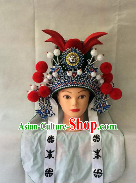 Asian Chinese Traditional Beijing Opera Takefu Headwear Ancient Warrior Green Helmet Hat for Men