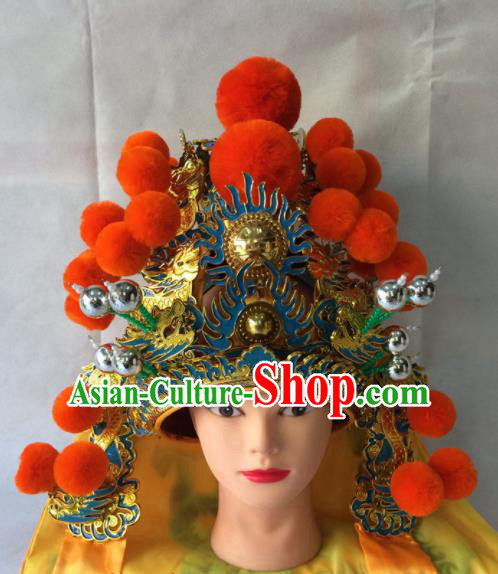 Asian Chinese Traditional Beijing Opera Golden Helmet Headwear Ancient General Hat for Men