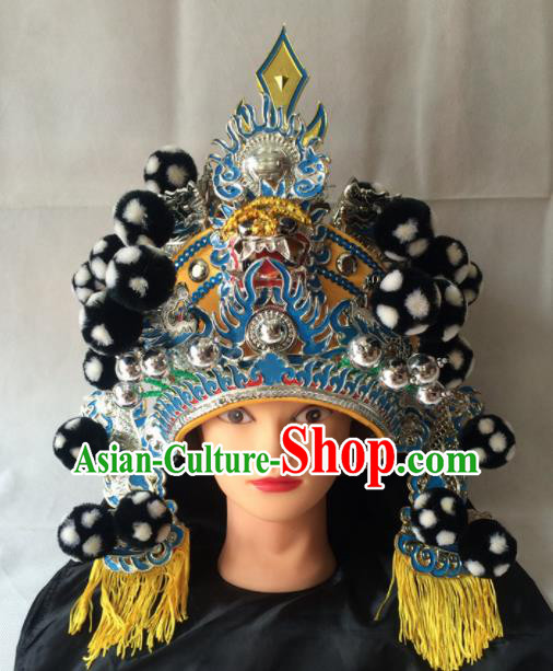 Asian Chinese Traditional Beijing Opera Black Helmet Headwear Ancient General Hat for Men