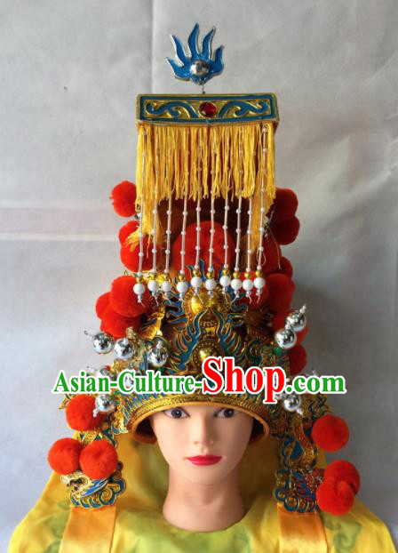 Asian Chinese Traditional Beijing Opera Helmet Headwear Ancient Emperor Tassel Hat for Men