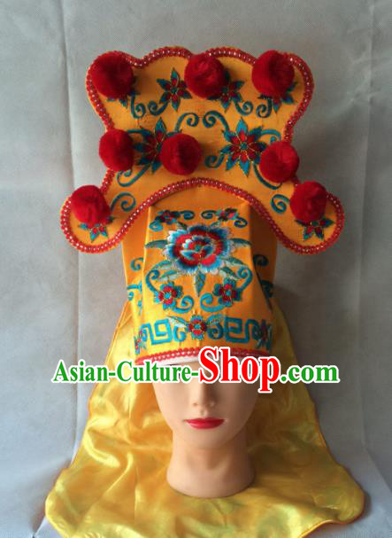 Asian Chinese Traditional Beijing Opera Takefu Headwear Ancient Warrior Golden Hat for Men