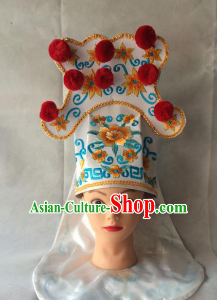 Asian Chinese Traditional Beijing Opera Takefu Headwear Ancient Warrior White Hat for Men