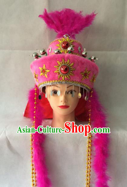 Asian Chinese Beijing Opera Hair Accessories Ancient Hui Ethnic Princess Pink Hat for Women