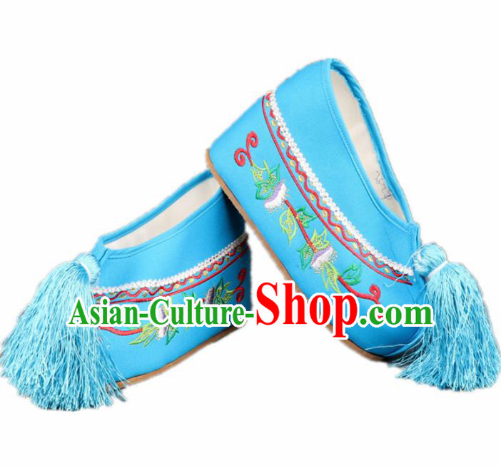 Asian Chinese Beijing Opera Princess Blue Embroidered Shoes Ancient Hanfu Shoes for Women