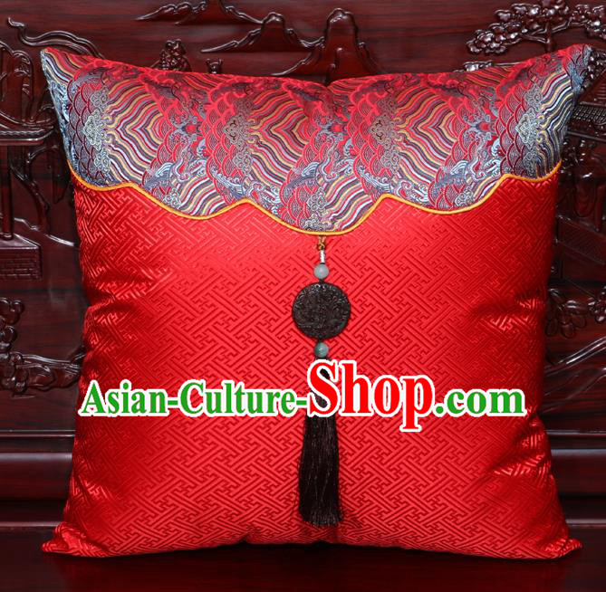 Chinese Classical Wave Pattern Jade Pendant Red Brocade Square Cushion Cover Traditional Household Ornament