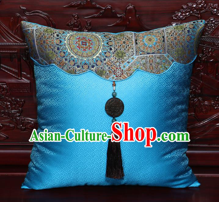 Chinese Classical Pattern Jade Pendant Blue Brocade Square Cushion Cover Traditional Household Ornament
