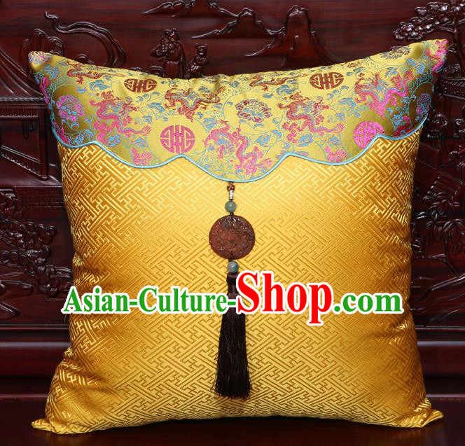 Chinese Classical Dragon Pattern Jade Pendant Golden Brocade Square Cushion Cover Traditional Household Ornament