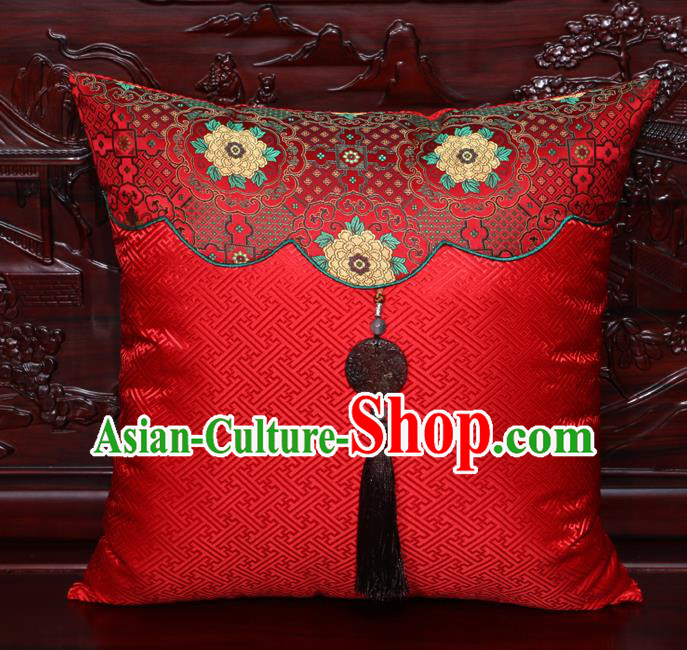 Chinese Classical Peony Pattern Jade Pendant Red Brocade Square Cushion Cover Traditional Household Ornament