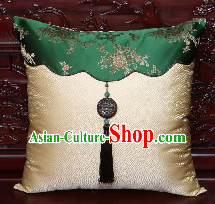 Chinese Classical Peony Pattern Jade Pendant Light Golden Brocade Square Cushion Cover Traditional Household Ornament