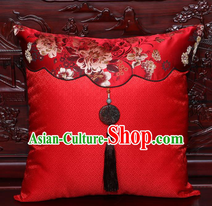 Chinese Classical Peony Pattern Jade Pendant Red Brocade Square Cushion Cover Traditional Household Ornament