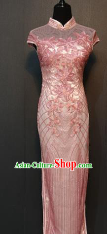 Asian Chinese Traditional Costume National Qipao Dress Pink Cheongsam for Women