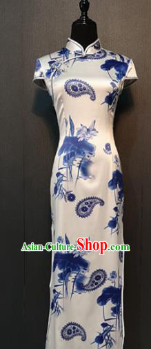 Asian Chinese Traditional Costume National Qipao Dress Printing Lotus White Silk Cheongsam for Women