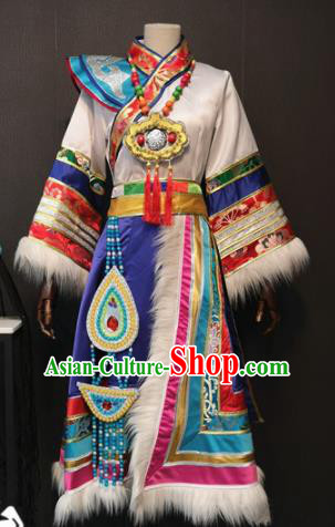 Asian Chinese Traditional Folk Dance Costume Mongolian Ethnic Dance White Dress for Women