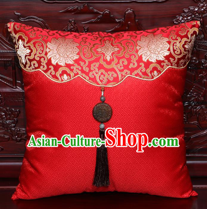 Chinese Classical Lotus Pattern Jade Pendant Red Brocade Square Cushion Cover Traditional Household Ornament